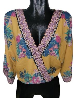 Flying Tomato Yellow Tropical Floral Print Faux Wrap Boho Top Size S
